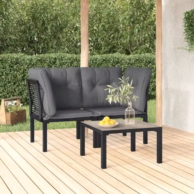 Set Salotto da Giardino Moderno vidaXL in Polyrattan Nero e Grigio con Divano a 2 Posti, Elemento Angolare e Tavolino da Esterno con Cuscini Inclusi – 1
