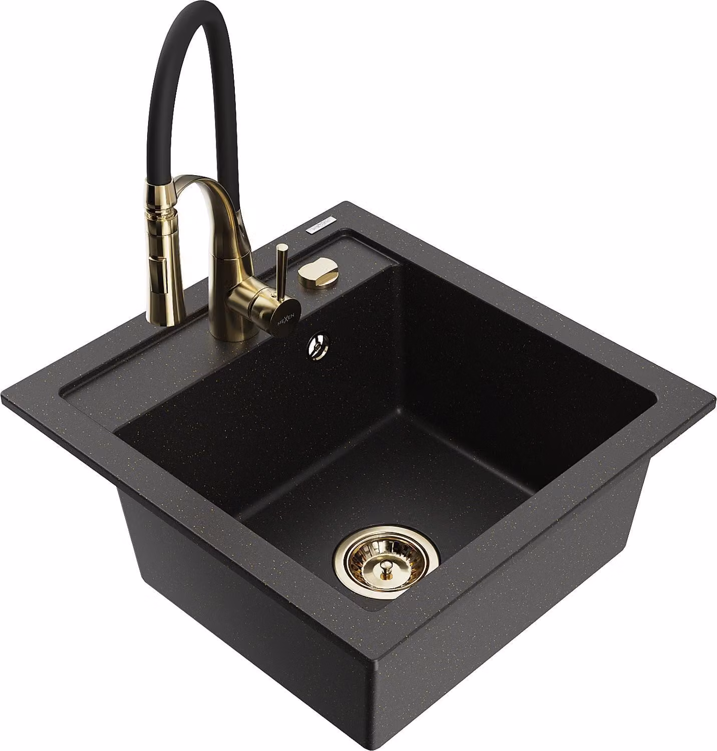 Mexen Vito lavello in granito a 1 vasca con rubinetto da cucina Aster, nero/oro metallizzato- 6503-75-73450-57-G