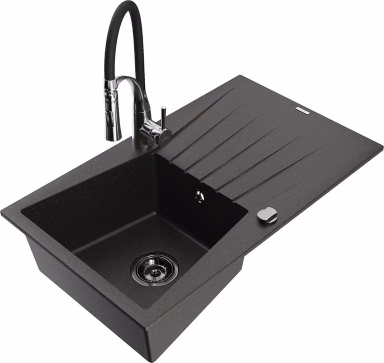 Mexen Cesar lavello in granito a 1 vasca con scolapiatti e rubinetto cucina Aster, nero/oro metallico - 6514-75-73450-07-B