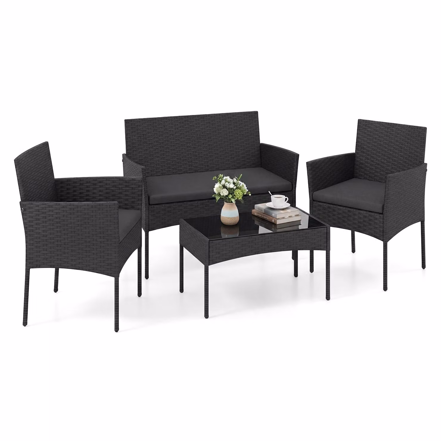 Set di mobili da giardino in polyrattan COSTWAY, set da giardino per esterni, set di sedute con 2 sedie, panca, tavolo e cuscini, mobili da terrazza, mobili da balcone, nero