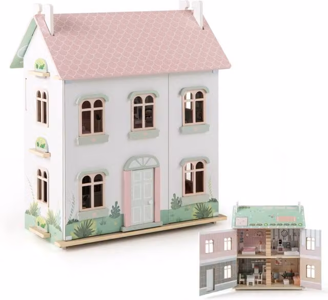 Casa delle bambole in legno Design Mania rosa con tetti a doppio lato e porte apribili, H 66 cm x L 55 cm x P 35 cm