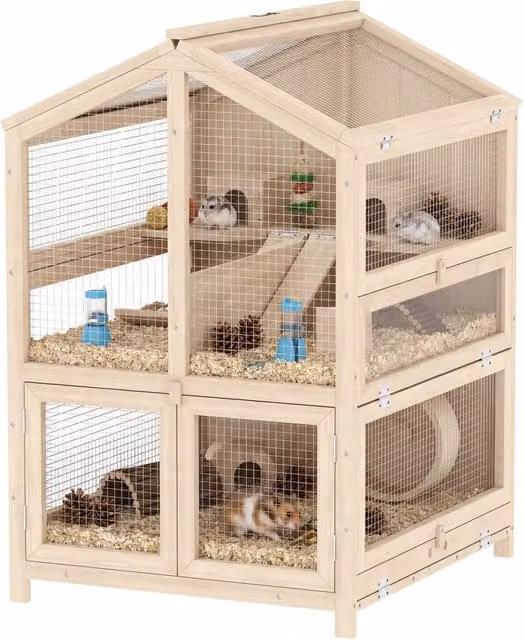 Casetta per Criceti Zephmum in Legno Naturale a 3 Livelli con Bebederi, Scivoli e Cassetto Estraibile, H: 90 cm, L: 61,5 cm, P: 61,5 cm