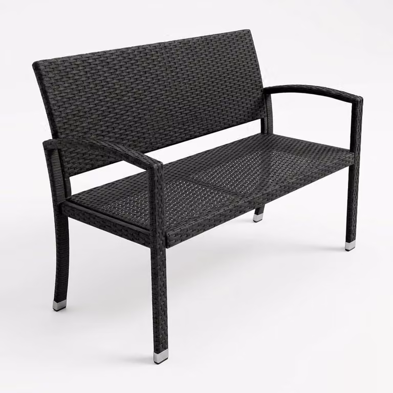 Panca da giardino in polipropilene effetto rattan, colore nero - 2 posti - 122x58x90 cm - Struttura in metallo - Adatta per esterni, terrazzi e balconi
