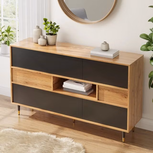 Sideboard moderno con ante a ribalta e cassetti in MDF e pannello truciolare, colori naturale, nero e oro, L 140 cm x P 40 cm x H 84,5 cm