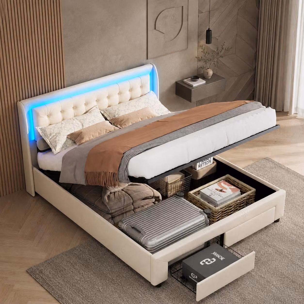 Letto imbottito INONEFT, 140x190 cm, con illuminazione LED, letto a molle con contenitore a sollevamento idraulico, letto per ragazzi con 2 cassetti, in velluto, color beige