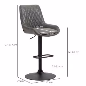 Set da 2 sgabelli da bar OKWISH regolabili in altezza con schienale e poggiapiedi in pelle grigia, L: 51 cm, P: 59 cm, H: 97-117 cm – 2