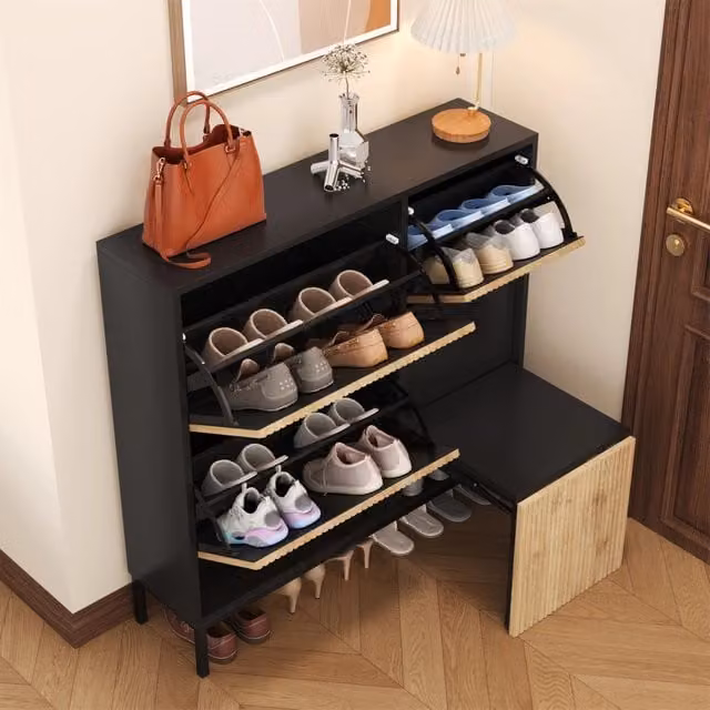Scarpiera con panca estraibile e vano aperto in MDF nero e naturale capacità per 12–16 paia 100 × 100 × 25 cm
