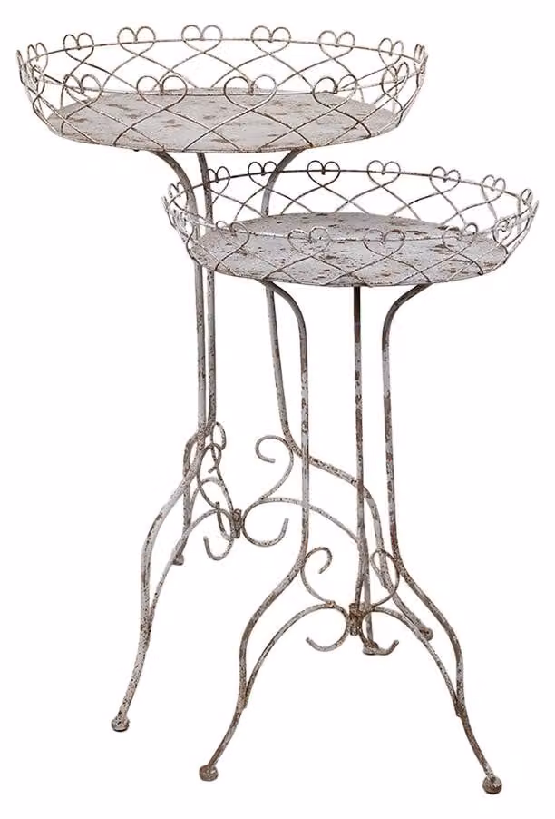 Tavolo per piante Clayre & Eef Set di 2 Ø 52x84/ Ø42x66 cm Metallo bianco marrone