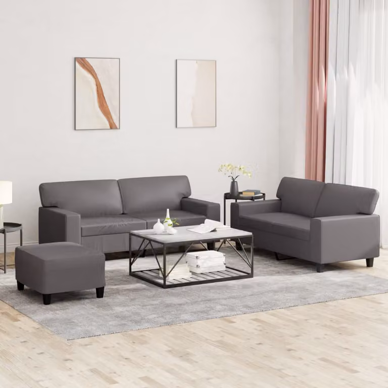 Set di divani vidaXL 3 pezzi in similpelle grigio con pouf e cuscini per soggiorno moderno