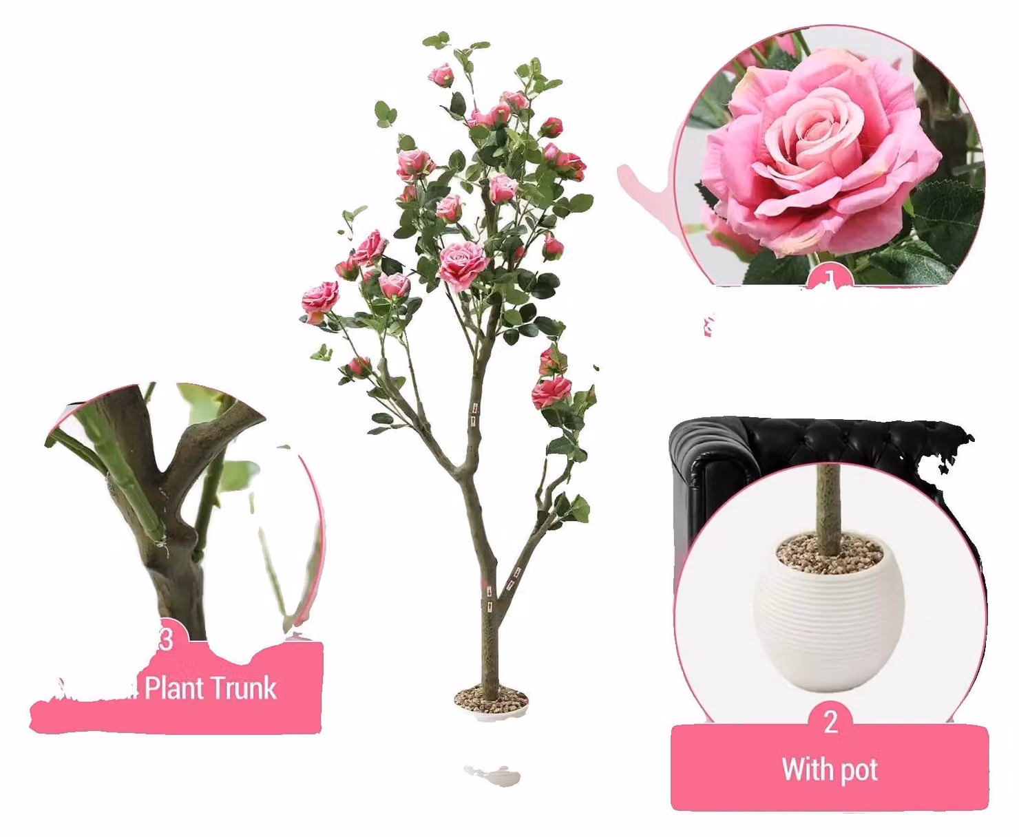 Composizione di rose artificiali, design elegante, decorazione facile da curare, colore rosso rosa