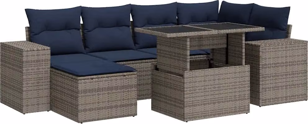 Set Divano da Giardino 9pz con Cuscini Grigio Polyrattan Acacia