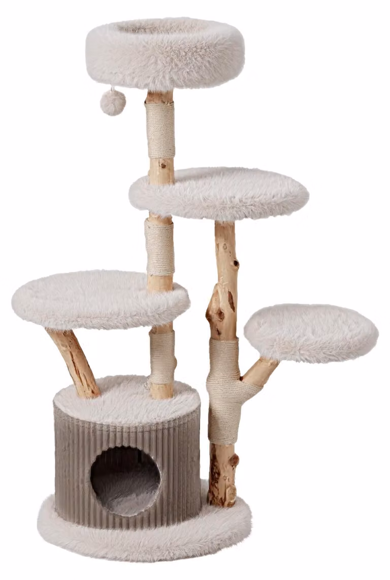 Albero per gatti Fudajo Forest Tree, 146 cm, grattatore in legno naturale, con casetta per gatti, cuccia e giocattolo
