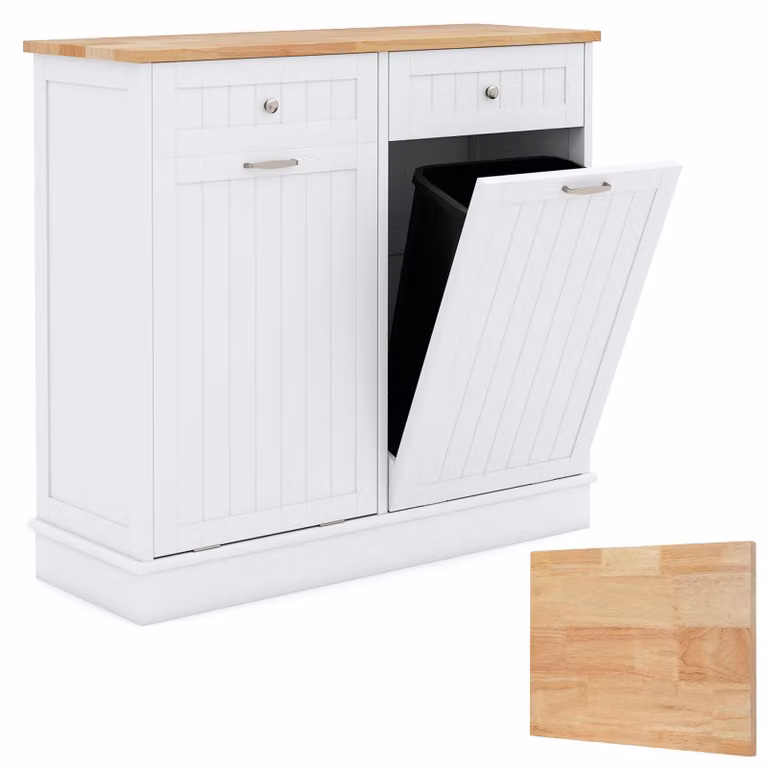 Mobiletto da cucina COSTWAY per bidone dell'immondizia da 40 litri, pensile da cucina, mobiletto contenitore con ampio piano di lavoro e 2 cassetti e ripiano, mobiletto per bidone dell'immondizia, colore naturale e bianco