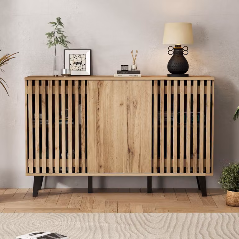 Credenza Merax 150 cm, cassettiera a 3 ante e 6 scomparti, mobile da soggiorno con ante in legno, mobile contenitore, aspetto legno, naturale + nero