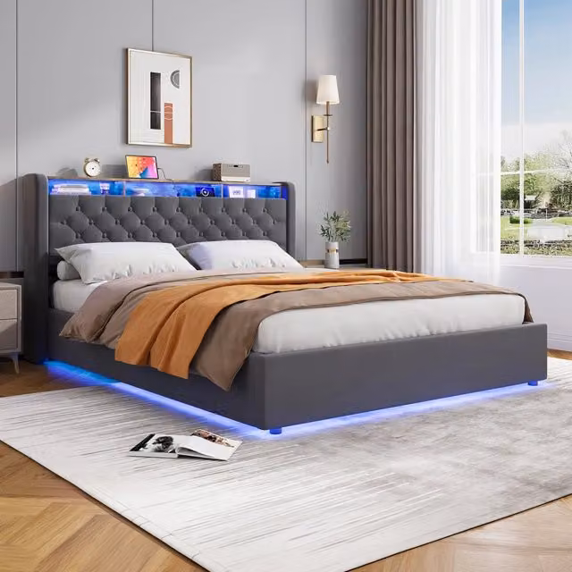 Letto matrimoniale 160x200 cm con LED; cassetto a rotelle e vano portaoggetti; in velluto grigio scuro; senza materasso