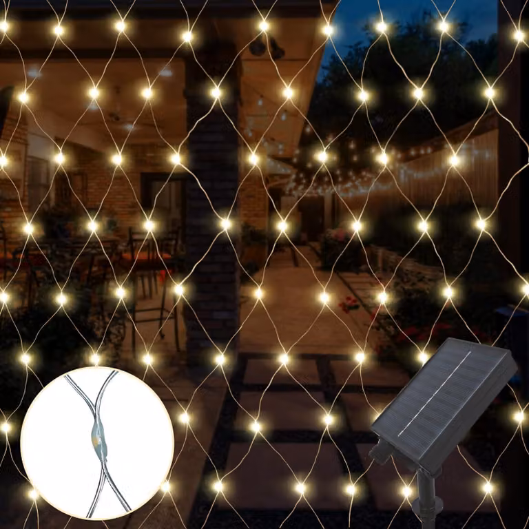 Catena luminosa a LED, dimensioni 3x3 metri, 270 LED bianco caldo, alimentazione solare, 8 modalità