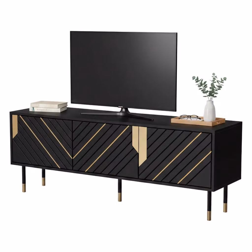Mobile porta TV Perito DMORA, Madia da salotto moderna con tre ante battenti e due vani interni, L/P/H: 154 x 40 x 55 cm, Nero e Oro – 2