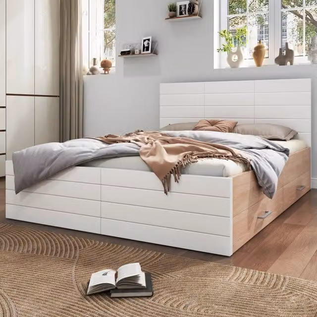 Letto con cassetti 160 × 200 cm con rete a doghe in legno e MDF bianco e rovere chiaro con due cassetti laterali