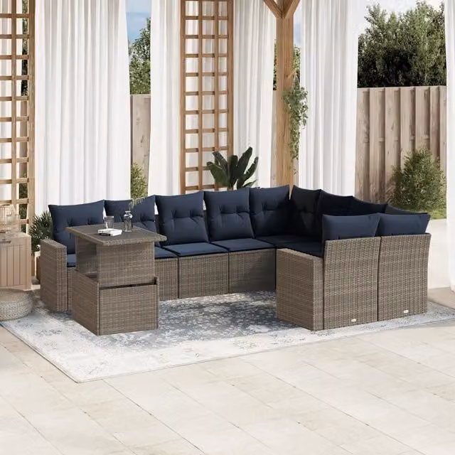 Set da giardino vidaXL composto da 10 pezzi con cuscini grigi e blu in rattan e metallo con tavolino da caffè