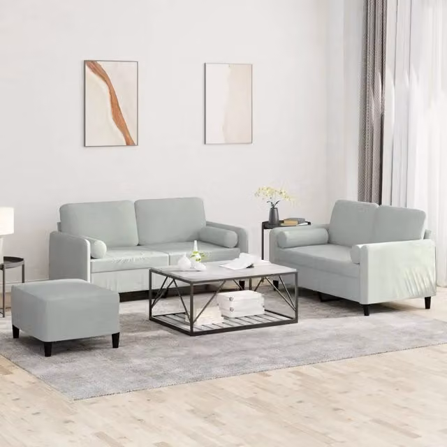 Set di divani 3 pezzi vidaXL in velluto grigio con cuscini per soggiorno in stile moderno L/P/H: 225 x 80 x 77 cm