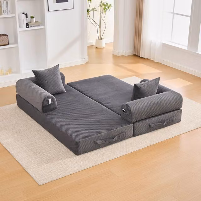 Divano angolare modulare Mivray in velluto a righe grigio con struttura in metallo e cuscini inclusi L/P/H: 200 x 148,7 x 67 cm