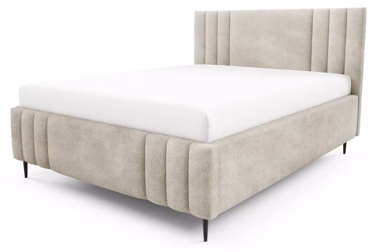 Letto imbottito con contenitore e gonna a pavimento, colore sabbia, dimensioni 160 x 200 cm