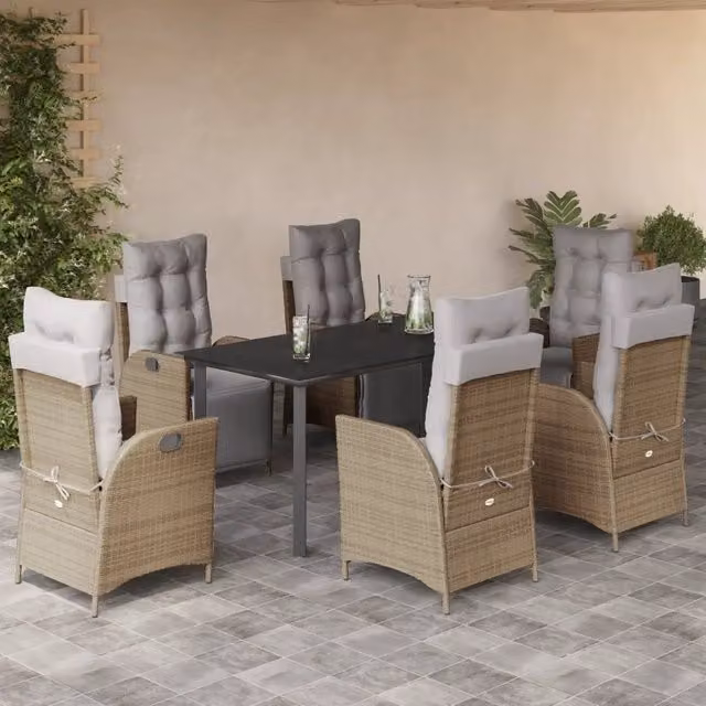 Set Pranzo da Giardino vidaXL in Polyrattan con Piano in Vetro e 7 Cuscini Beige Misto