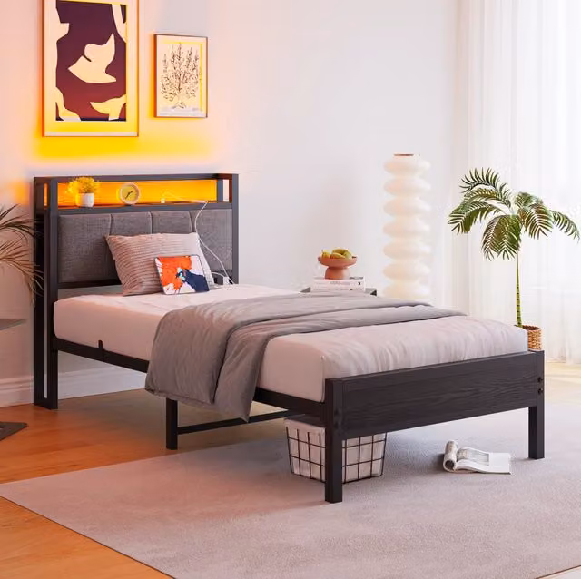 Letto singolo 90x200 cm con LED; testiera contenitore e ricarica USB; nero