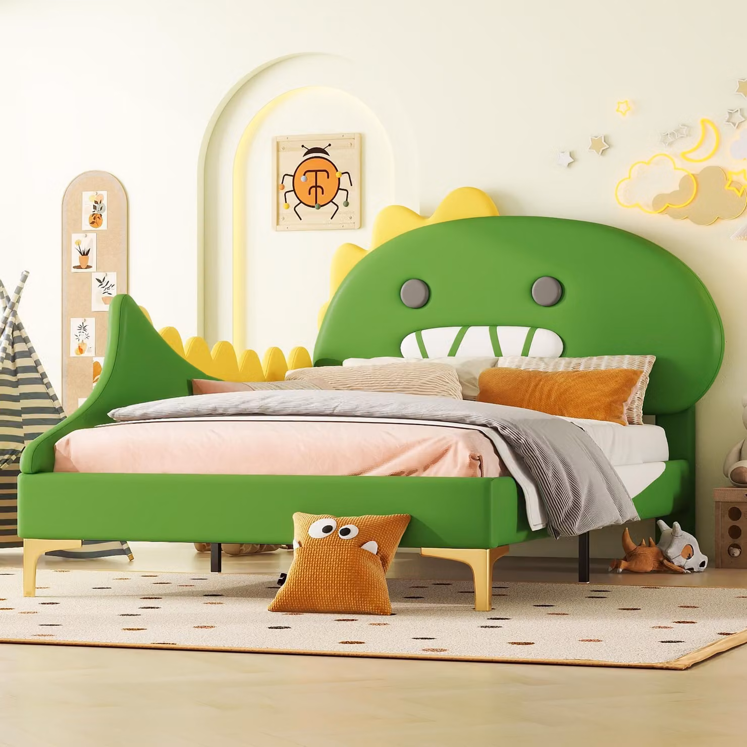 Letto imbottito per bambini Merax 90 x 200 cm, letto piatto a forma di dinosauro con rete a doghe, letto per ragazzi, letto per bambini, letto singolo, PU, verde