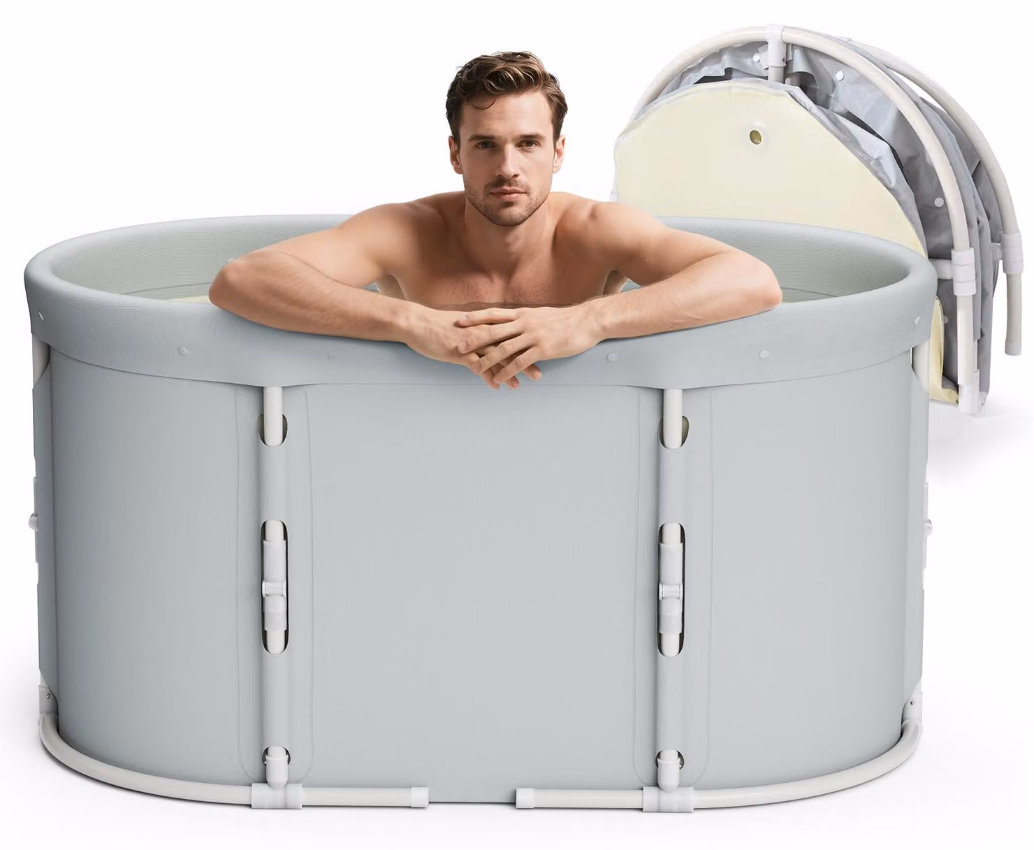Vasca da bagno pieghevole - Vasca da bagno portatile con sedile - Autoportante - 100 cm - Isolamento multistrato - Antiscivolo - Grigio chiaro