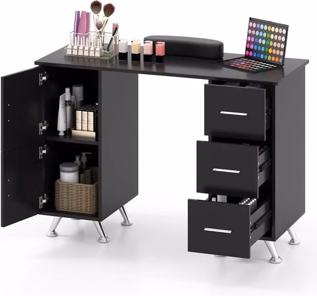 Tavolo per unghie con cassetti, Postazione lavoro in legno per nail art per salone di bellezza Nero