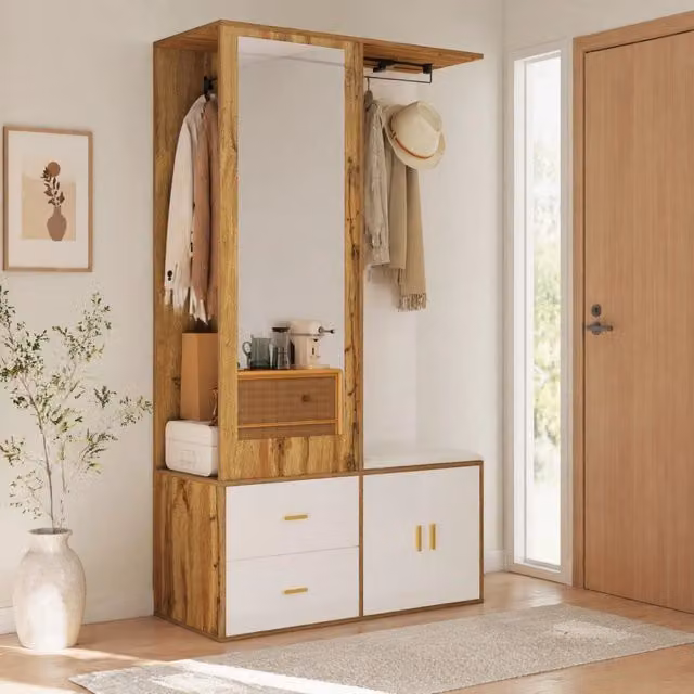 Guardaroba da ingresso ULEVR 100x38x180 cm con specchio, panca imbottita e scarpiera, bianco e naturale