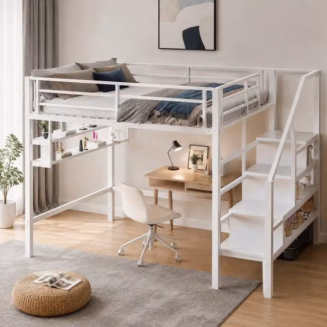 Letto a soppalco in metallo e MDF 140x200 cm con scale contenitore e spazi di stivaggio, bianco