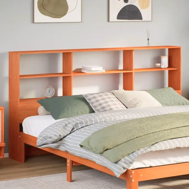 Testiera per letto con ripiani integrati vidaXL in legno massello di pino, colore marrone cera, L: 186 cm, H: 110 cm, P: 23 cm