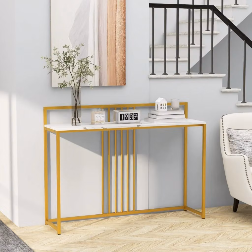 Consolle Design Mania per ingresso e soggiorno con piano effetto marmorino bianco e struttura in metallo dorato, L: 120 cm – 2