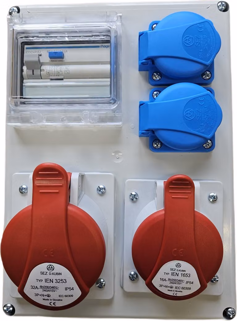 Quadro elettrico da parete CEE 32 A, 16 A, 2x230 V con prese Schuko e fusibili HAGER, interruttore differenziale ROS-I1603A/S 98H-2