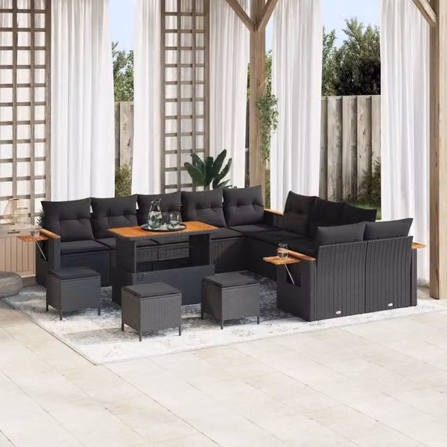 Set Divano da Giardino vidaXL a Forma di U con 11 Posti, Colore Nero, in Polyrattan e Metallo con Cuscini Inclusi