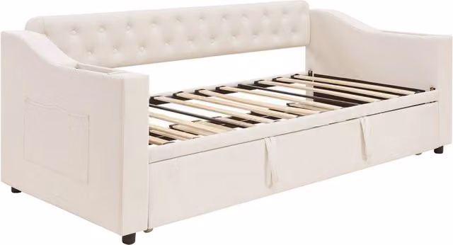 Letto singolo estraibile beige con porta USB, vani portaoggetti e struttura in tessuto velvet, L/P/H: 90 x 190 cm