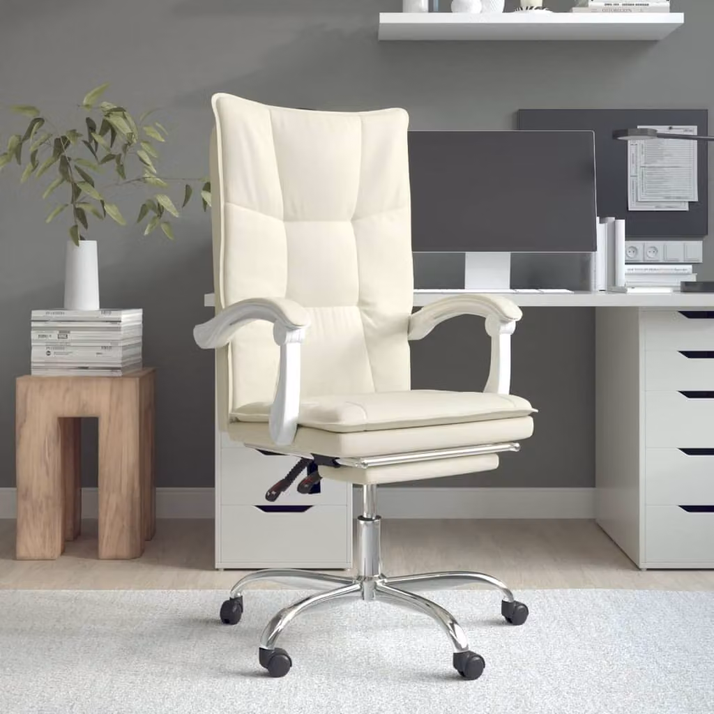 The Living Store Sedia da ufficio con funzione reclinabile in ecopelle crema