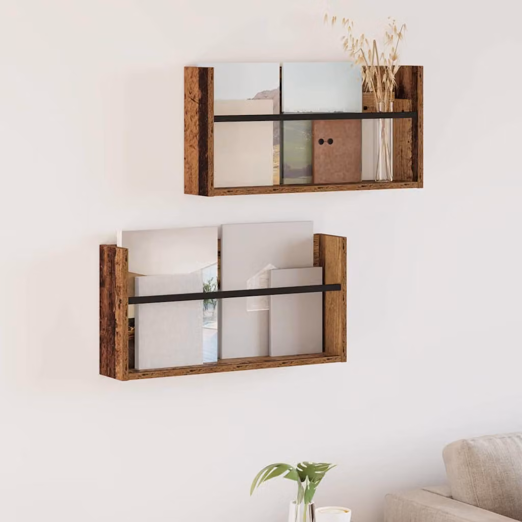 Set di 2 scaffali per riviste vidaXL in legno vecchio marrone, modello moderno da appendere al muro, L 60 cm x P 12 cm x H 30 cm