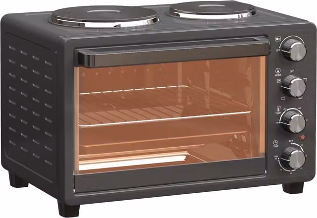 Forno elettrico da appoggio HOMCOM da 28L con grill, 2600W, temperatura regolabile e timer, nero, L: 48,6 cm, P: 36,3 cm, H: 33 cm