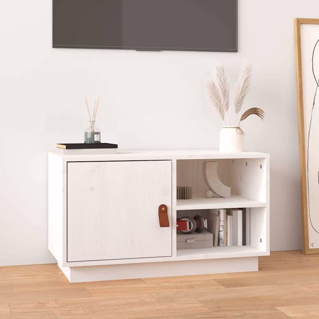 vidaXL Mobile Porta TV Bianco in Legno di Pino Massello con Stile Rustico L: 70 cm, P: 34 cm, H: 40 cm
