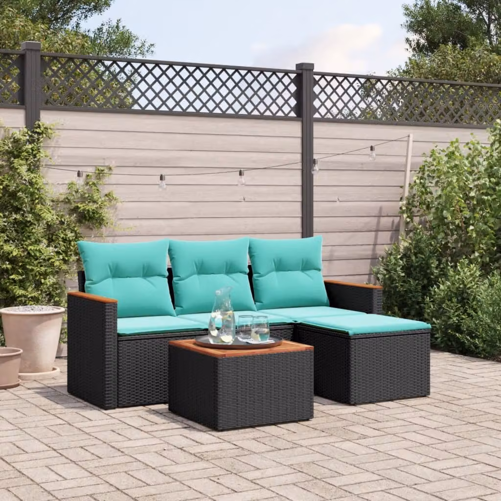 Set Divani da Giardino vidaXL 5 pz in Polyrattan con Cuscini e Tavolino, Design Moderno a L con Struttura in Acciaio e Legno di Acacia