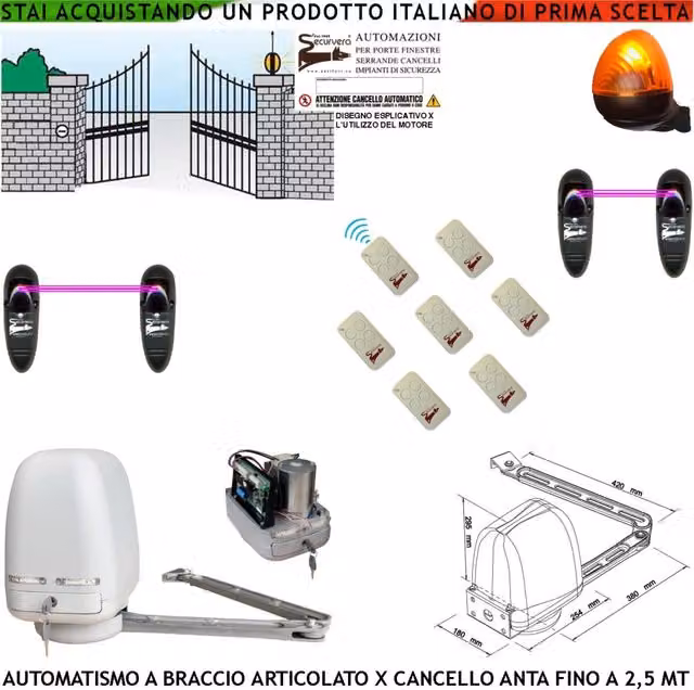 AUTOMATISMO CANCELLO KIT MOTORE A BRACCIO ARTICOLATO 220/24 V ANTA BATTENTE DA 0,5 A 2,5 MT CENTRALE 7 RADIOCOMANDI FARO 2 FOTOCELLULE
