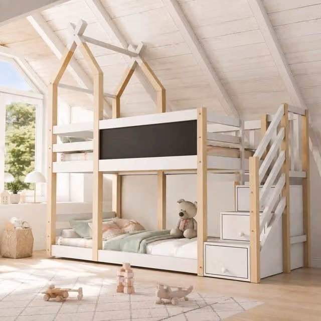 Letto a castello ULEVR 90x200 cm con scala contenitore, lavagna e protezioni laterali, bianco