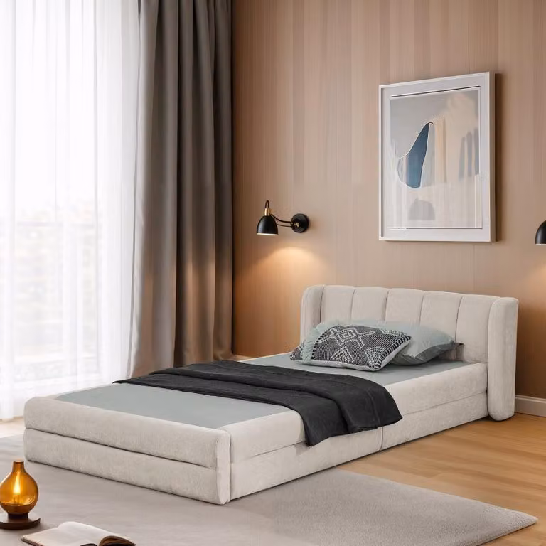 Letto singolo 90x200 cm, tessuto di ciniglia delicato sulla pelle, comodo schienale, adatto anche come letto per bambini, beige (senza materasso)
