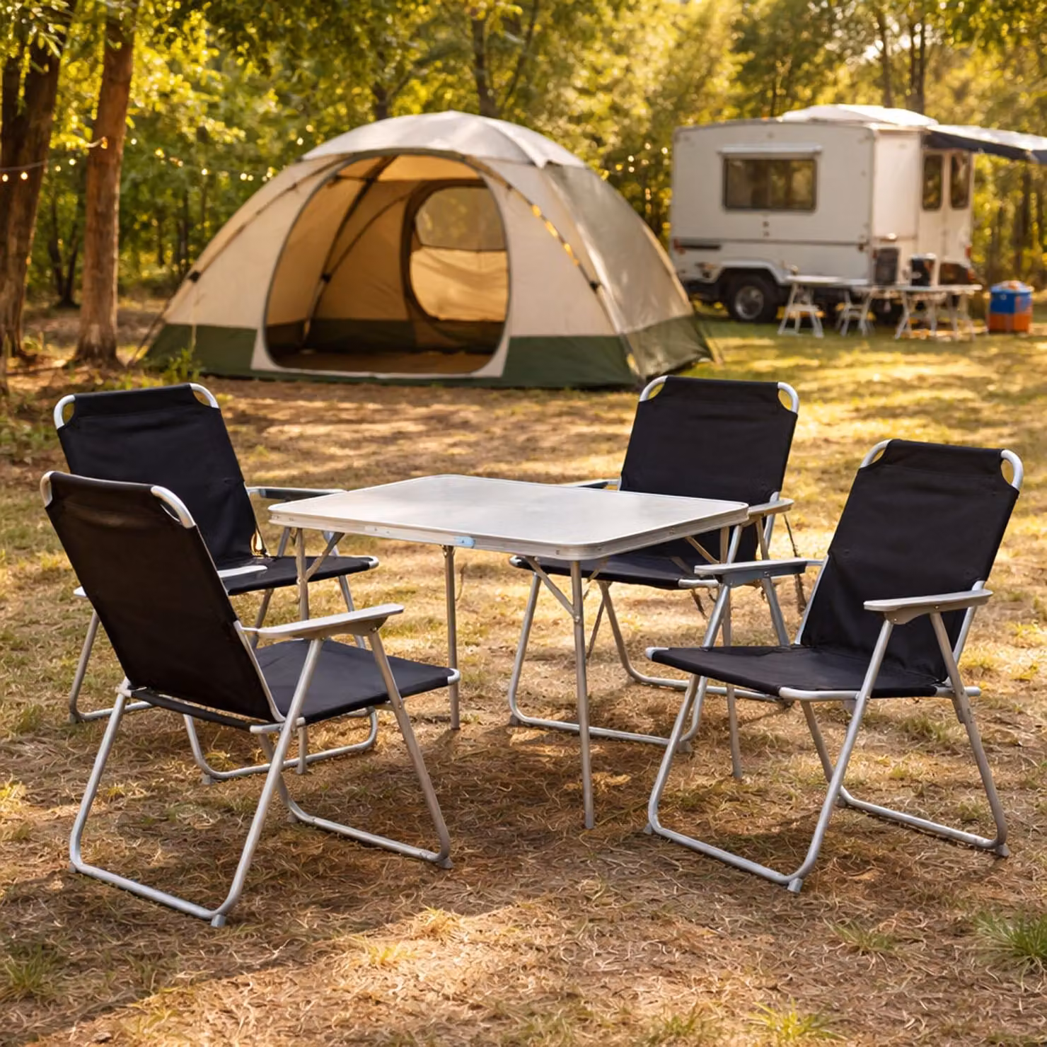 Set di mobili da campeggio in alluminio, 5 pezzi, L70xP50xH59cm, nero