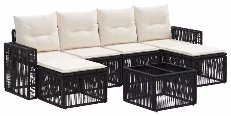 Set Divano da Giardino 7 pcs Nero e Bianco Crema polyrattan