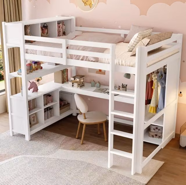 Letto a soppalco 140x200 cm con scrivania; ripiani e armadio; in pino e MDF; bianco