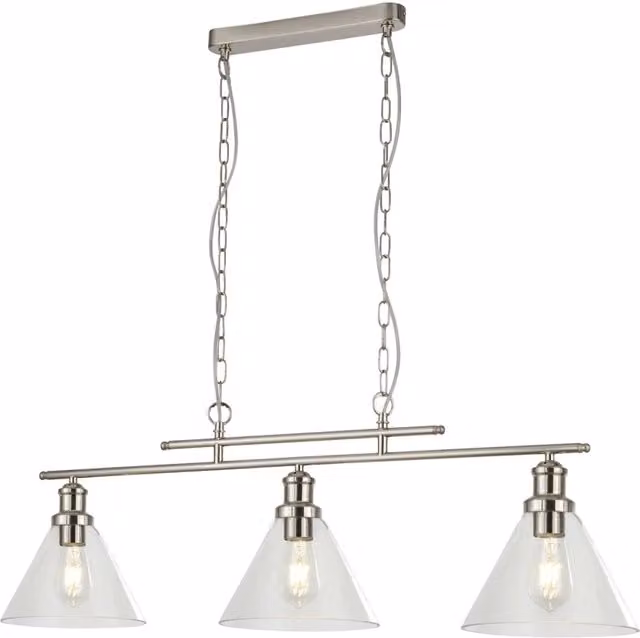 Lampadario Contemporaneo Piramide Acciaio Argento Vetro Trasparente 3 Luci E27